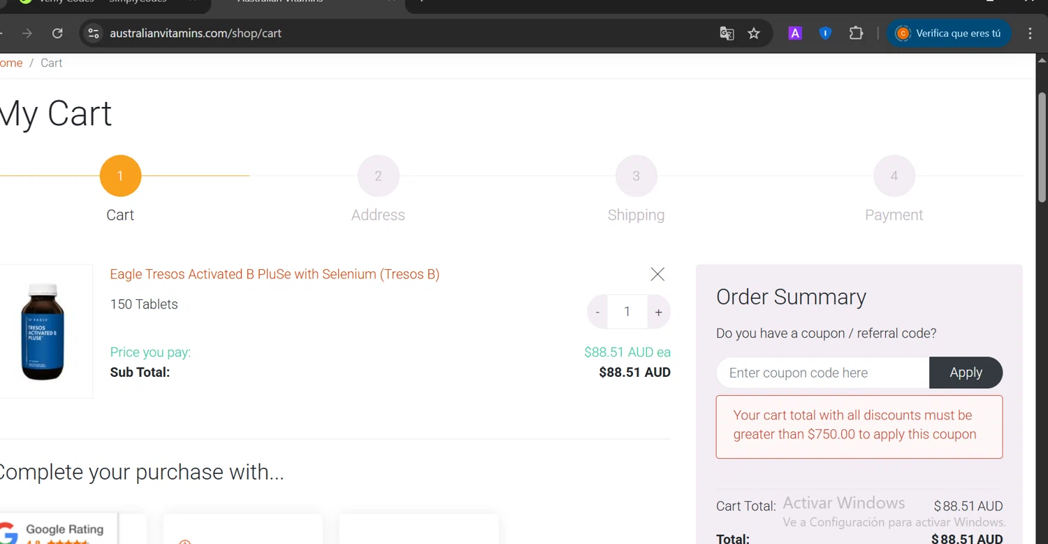 AustralianVitamins.com coupon code screenshot showing code save50 applied at AustralianVitamins.com checkout page. Uploaded by SimplyCodes community member CashElite5536 on Mar 16, 2025
