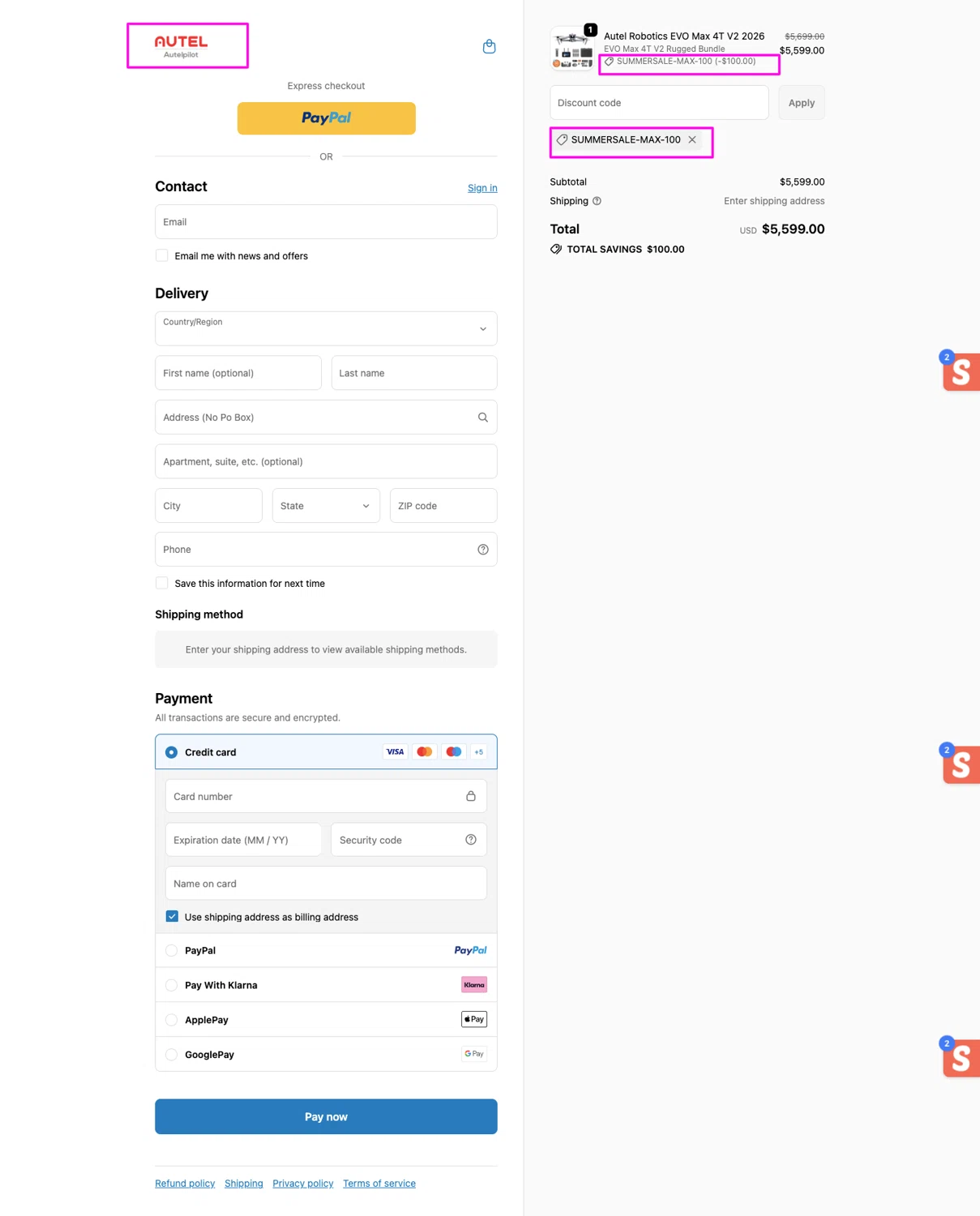 Autelpilot promo code screenshot showing code SummerSale-Max-100 applied at Autelpilot checkout page. Uploaded by SimplyCodes community member chandlerbing on Jun 6, 2026