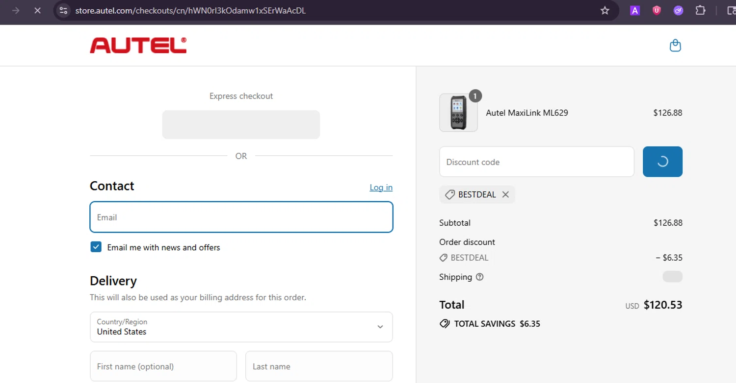 Autel checkout page showing Autel discount code box | Screenshot taken by SimplyCodes community member on Jul 20, 2025