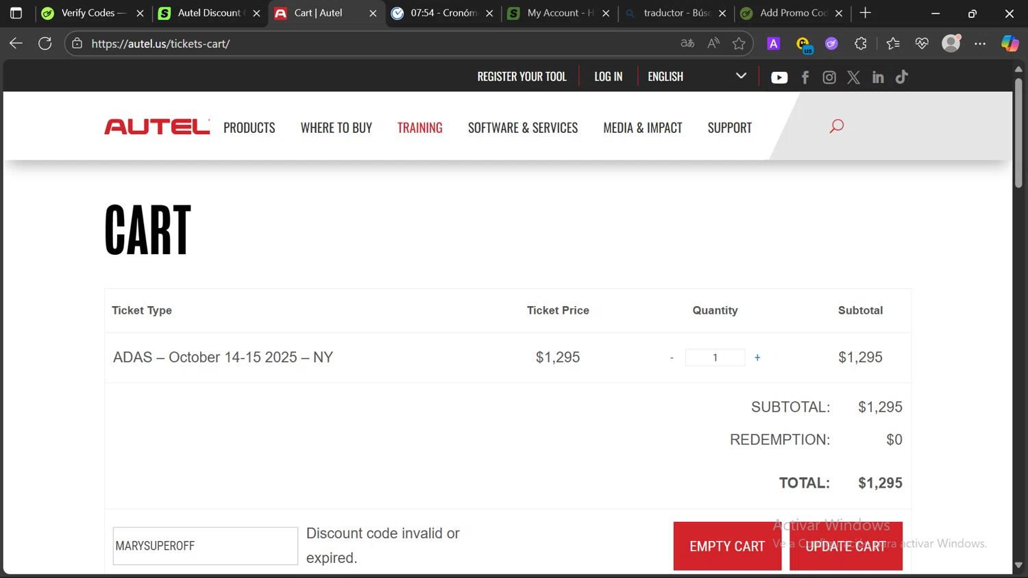 Autel discount code screenshot showing code MARYSUPEROFF applied at Autel checkout page. Uploaded by SimplyCodes community member Elsuanfonson on Oct 7, 2025