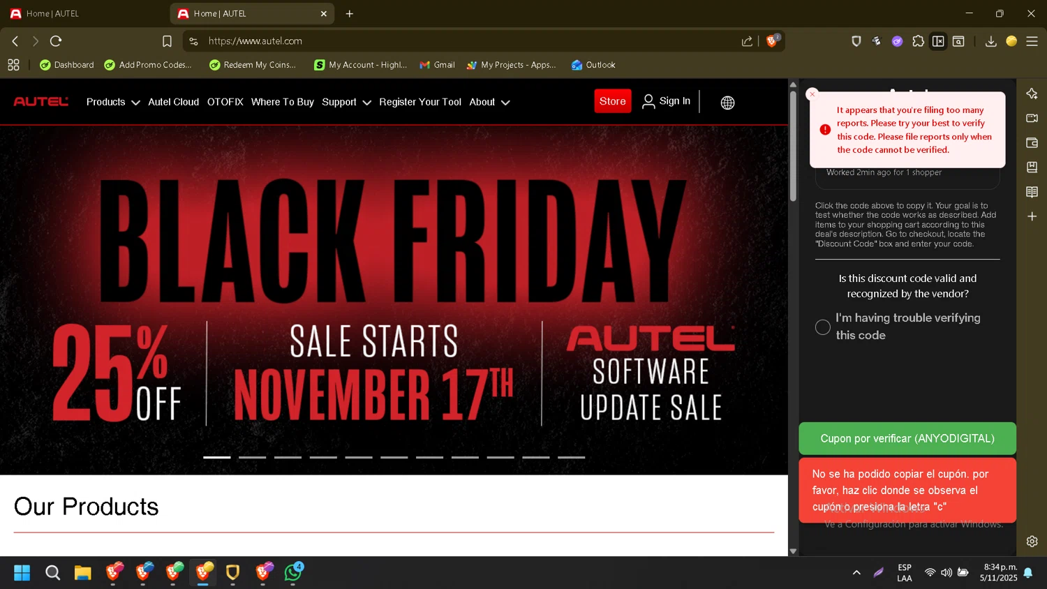 Autel discount code screenshot showing code ANYODIGITAL applied at Autel checkout page. Uploaded by SimplyCodes community member CleverMonarch8868 on Nov 6, 2025