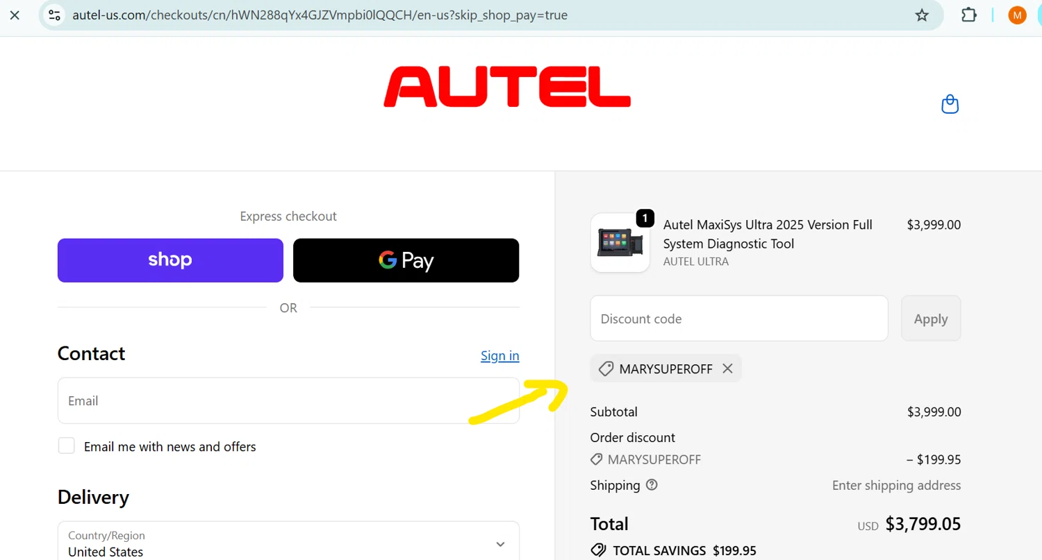 Autel discount code screenshot showing code MARYSUPEROFF applied at Autel checkout page. Uploaded by SimplyCodes community member PennyLegend2134 on Oct 3, 2025