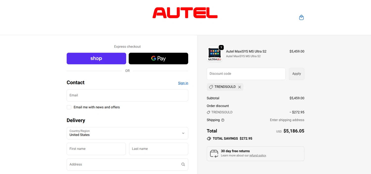 Autel discount code screenshot showing code trendsould applied at Autel checkout page. Uploaded by SimplyCodes community member Mongomery on Sep 25, 2025