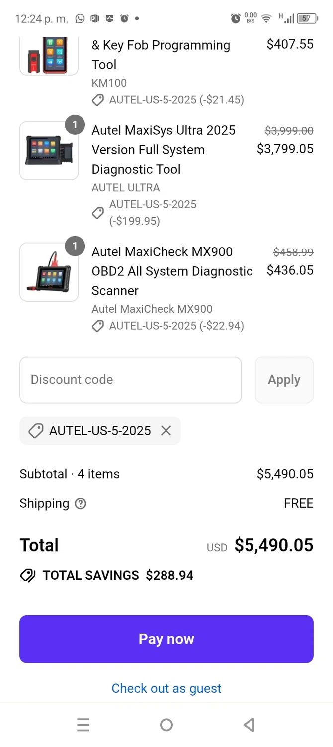 Autel discount code screenshot showing code Autel-us-5-2025 applied at Autel checkout page. Uploaded by SimplyCodes community member coromotopalmar on Sep 17, 2025