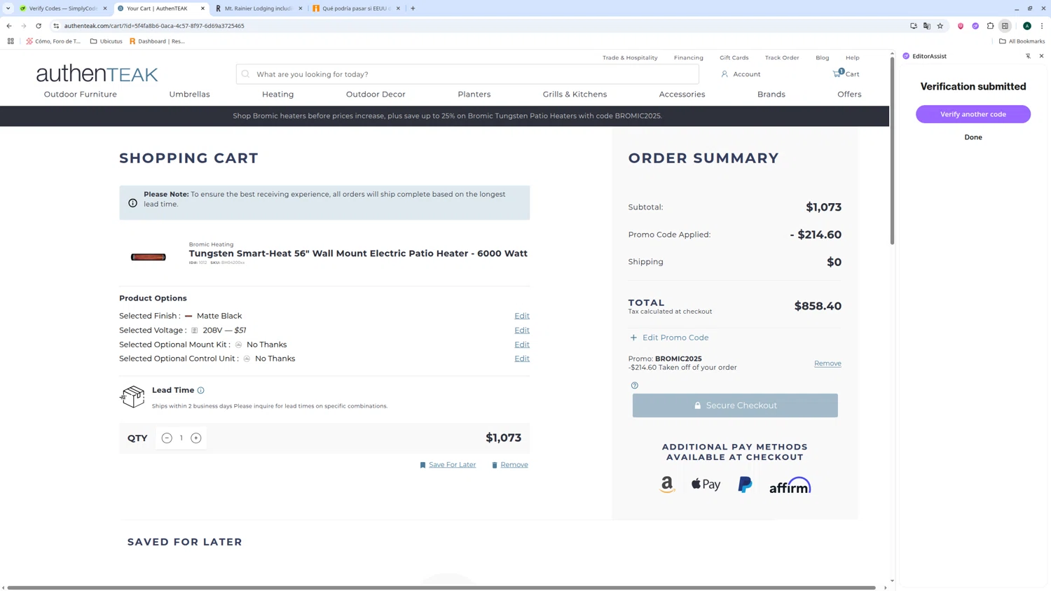 AuthenTEAK checkout page showing AuthenTEAK promo code box | Screenshot taken by SimplyCodes community member on Jun 21, 2025
