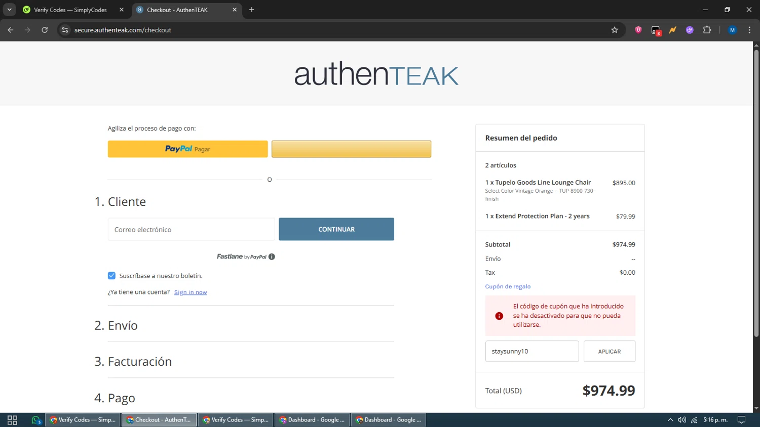 AuthenTEAK promo code screenshot showing code staysunny10 applied at AuthenTEAK checkout page. Uploaded by SimplyCodes community member EpicVoyager2820 on Sep 12, 2025