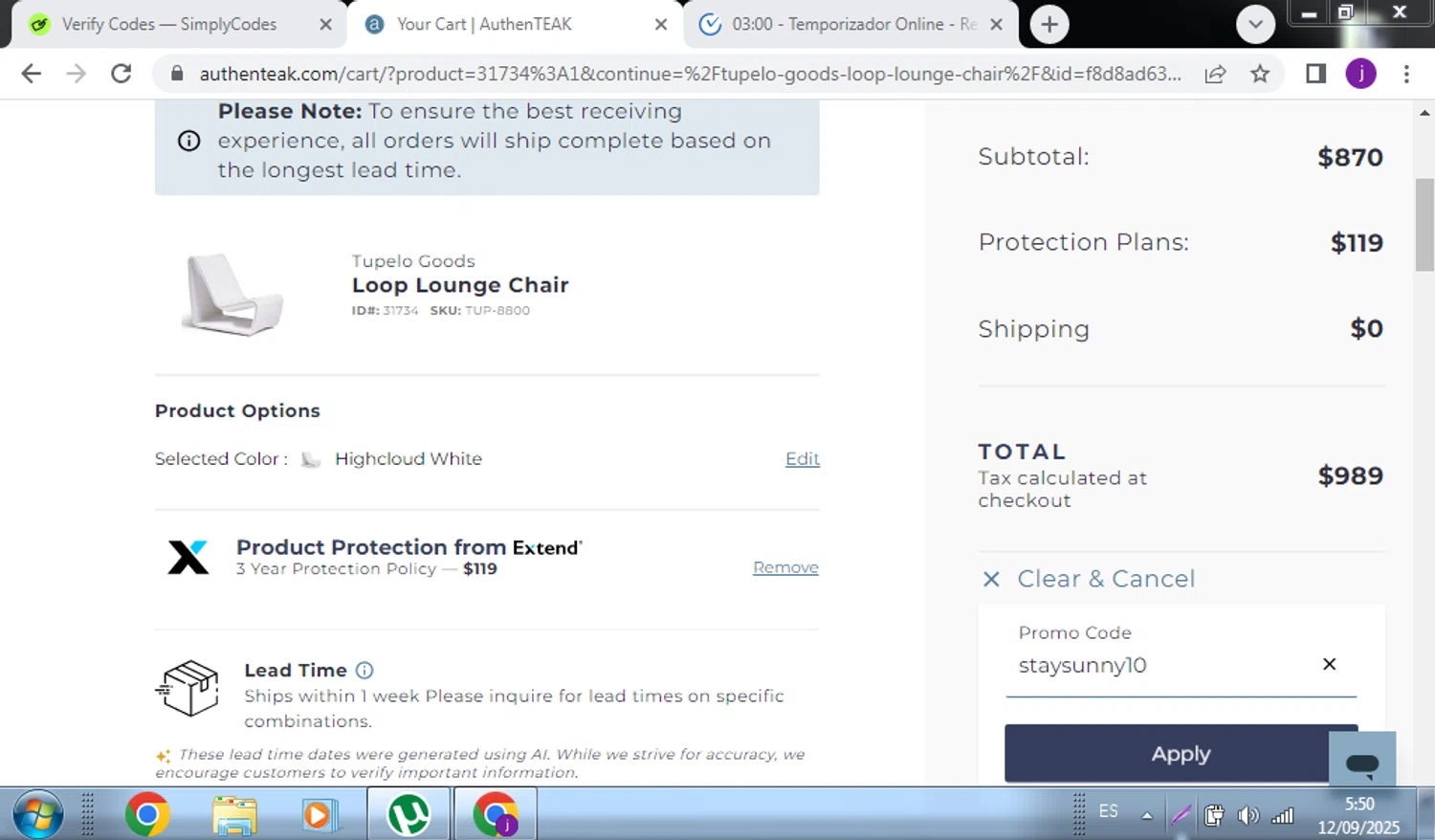 AuthenTEAK promo code screenshot showing code staysunny10 applied at AuthenTEAK checkout page. Uploaded by SimplyCodes community member QuestScholar4095 on Sep 12, 2025