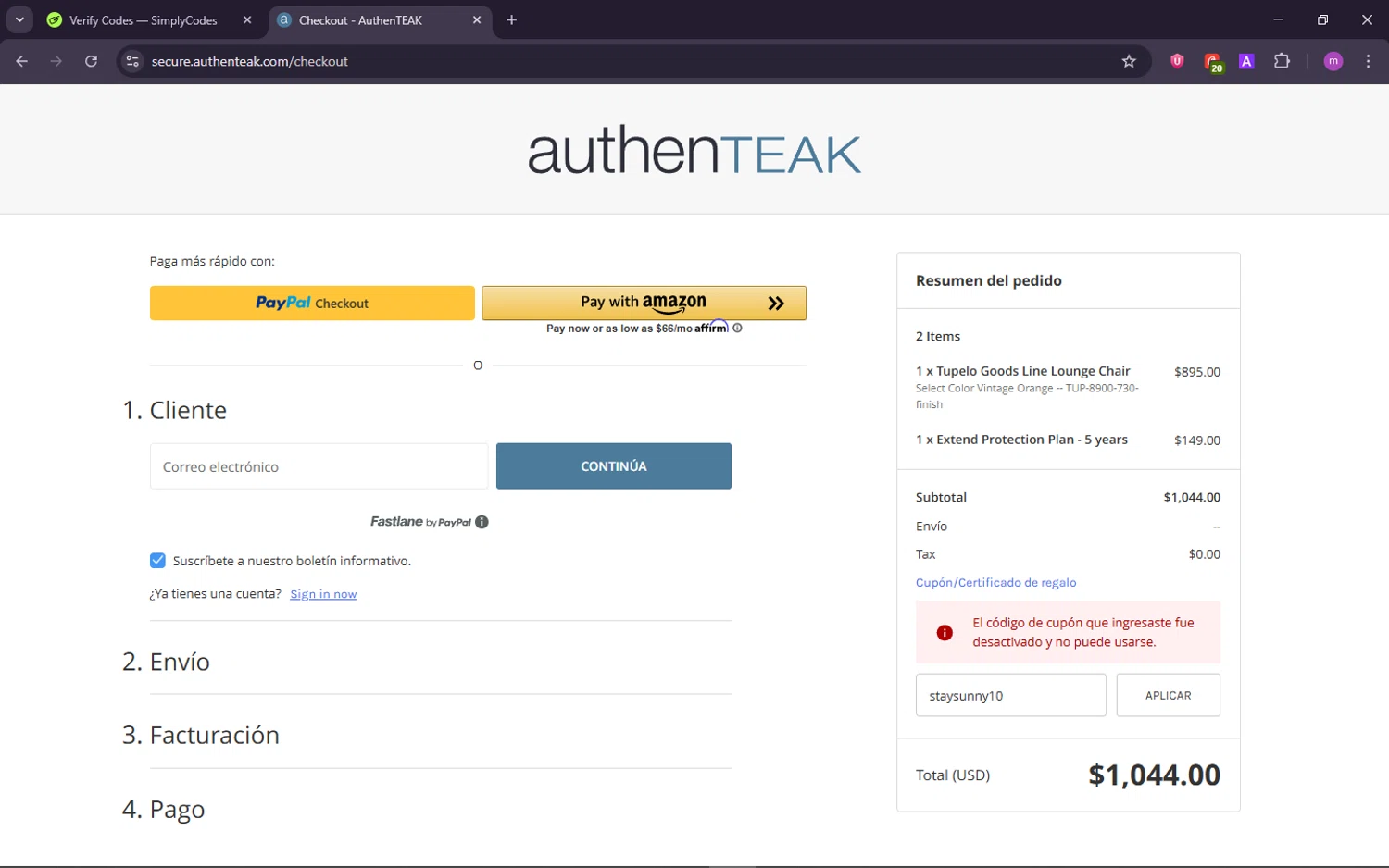 AuthenTEAK promo code screenshot showing code staysunny10 applied at AuthenTEAK checkout page. Uploaded by SimplyCodes community member TokenChaser4876 on Sep 12, 2025