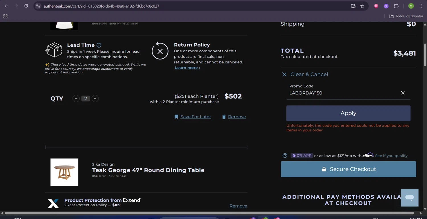 AuthenTEAK promo code screenshot showing code LABORDAY150 applied at AuthenTEAK checkout page. Uploaded by SimplyCodes community member ScanHunter7116 on Sep 17, 2025