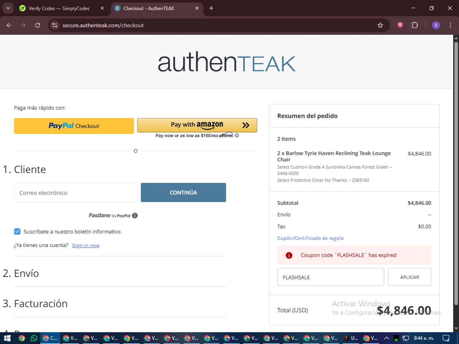 AuthenTEAK promo code screenshot showing code FLASHSALE applied at AuthenTEAK checkout page. Uploaded by SimplyCodes community member LuckyVoyager688 on Nov 22, 2025