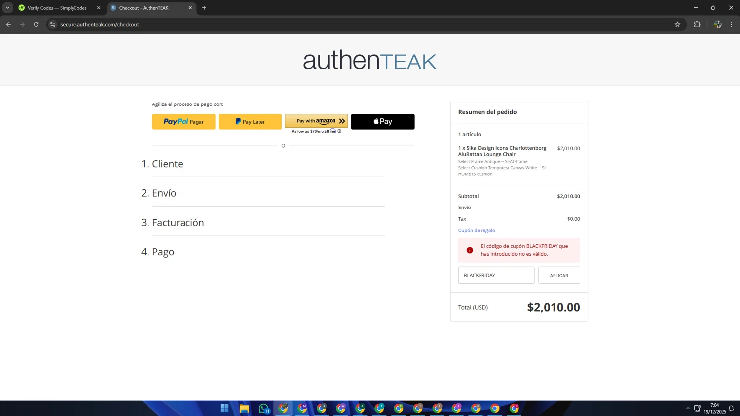 AuthenTEAK promo code screenshot showing code BLACKFRIDAY applied at AuthenTEAK checkout page. Uploaded by SimplyCodes community member SAIKOO on Dec 19, 2025