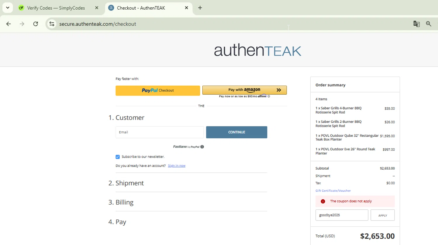 AuthenTEAK promo code screenshot showing code goodbye2025 applied at AuthenTEAK checkout page. Uploaded by SimplyCodes community member Logoteam on Dec 2, 2025