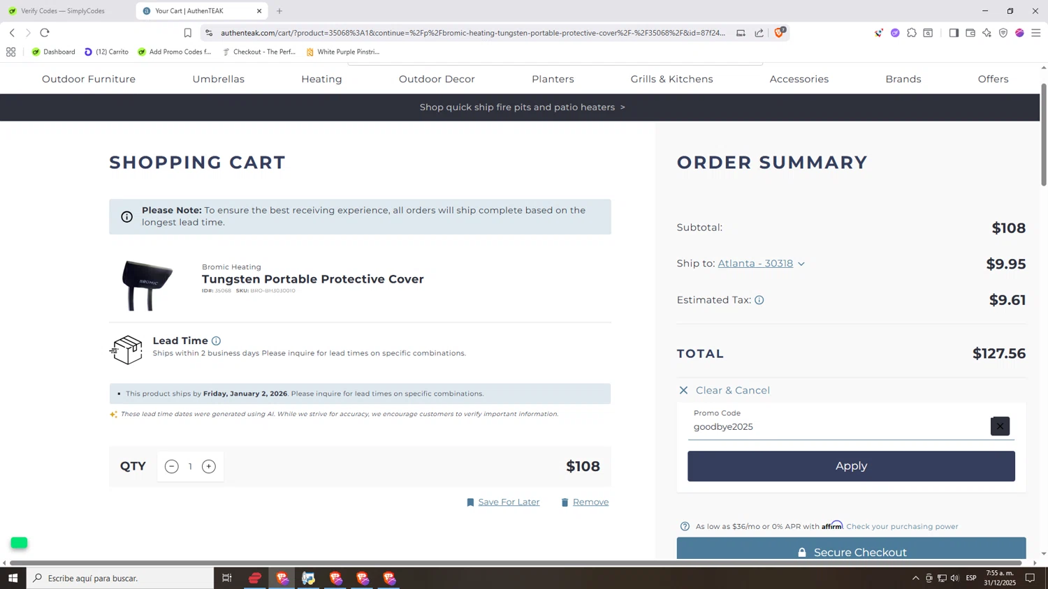 AuthenTEAK checkout page showing AuthenTEAK promo code box | Screenshot taken by SimplyCodes community member on Dec 31, 2025