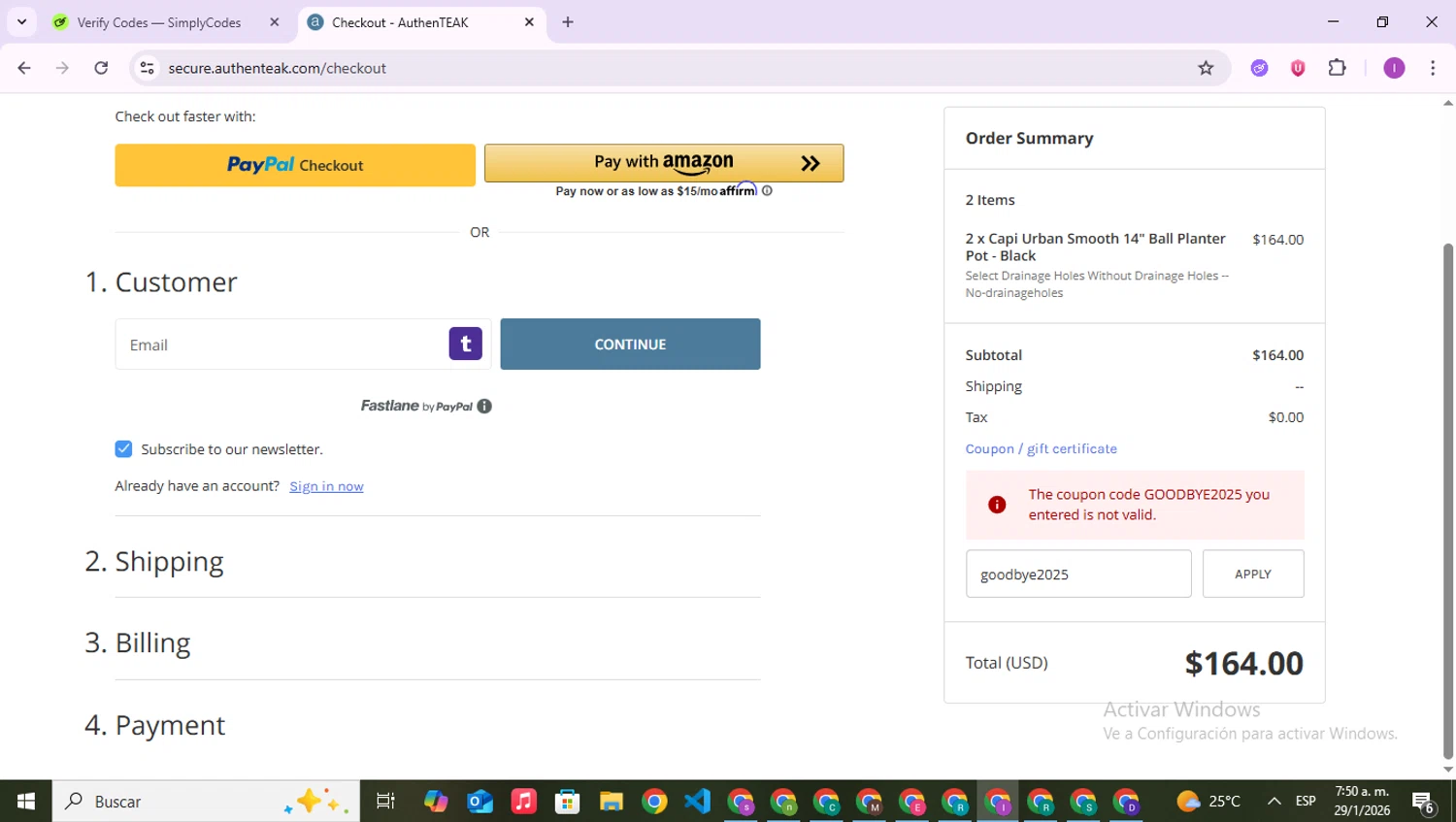 AuthenTEAK promo code screenshot showing code goodbye2025 applied at AuthenTEAK checkout page. Uploaded by SimplyCodes community member RebateAce6764 on Jan 29, 2026