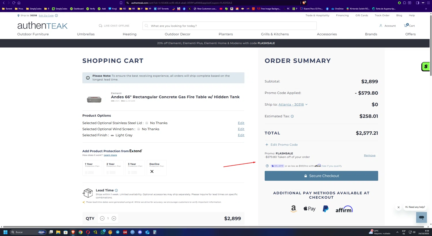 AuthenTEAK promo code screenshot showing code FLASHSALE applied at AuthenTEAK checkout page. Uploaded by SimplyCodes community member UnkNownVnzla on Oct 24, 2025