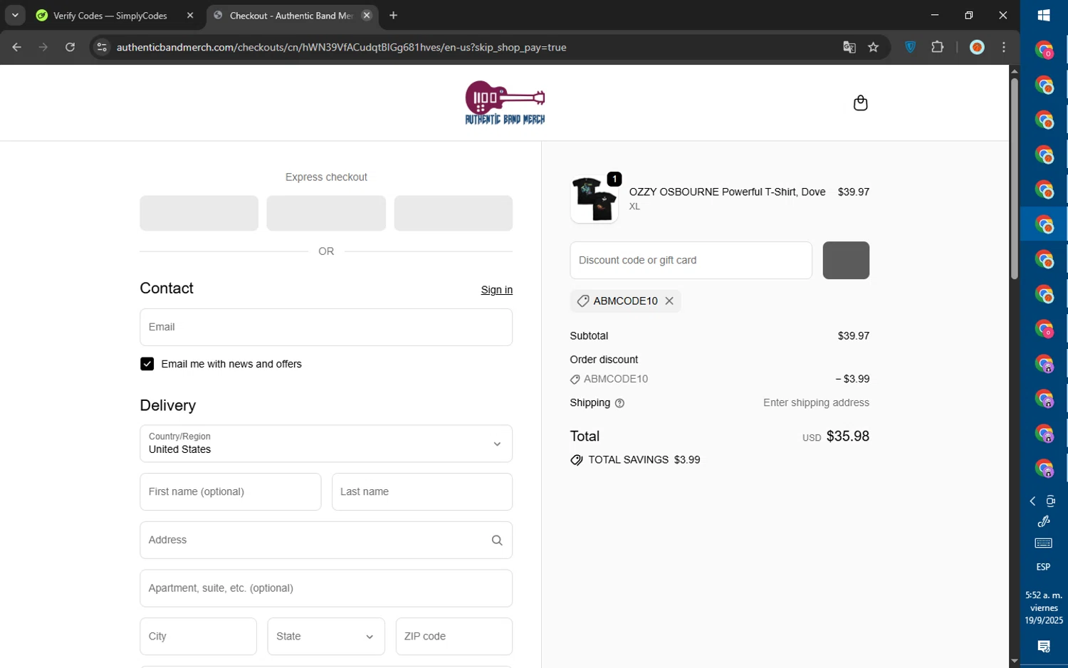 Authentic Band Merch discount code screenshot showing code ABMCODE10 applied at Authentic Band Merch checkout page. Uploaded by SimplyCodes community member SalePhoenix823 on Sep 19, 2025