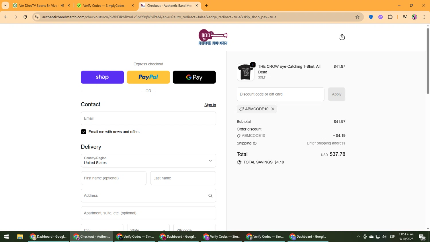 Authentic Band Merch discount code screenshot showing code ABMCODE10 applied at Authentic Band Merch checkout page. Uploaded by SimplyCodes community member Vanmanuel on Oct 5, 2025