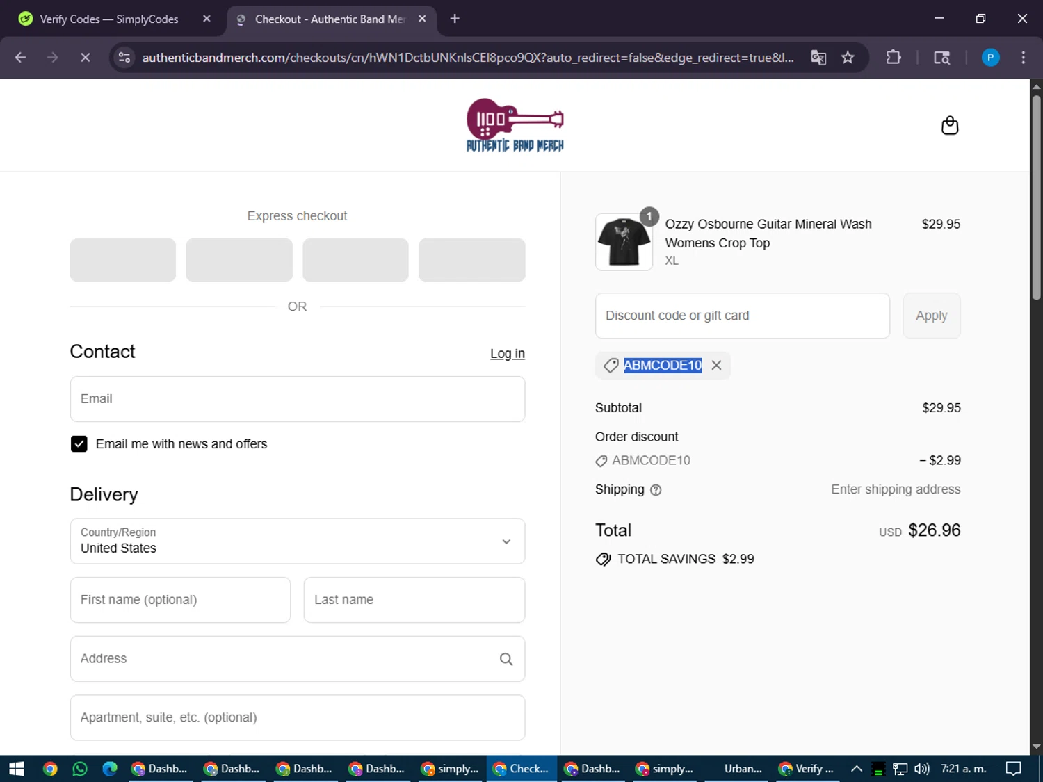 Authentic Band Merch discount code screenshot showing code ABMCODE10 applied at Authentic Band Merch checkout page. Uploaded by SimplyCodes community member juiceWRLD on Jul 30, 2025
