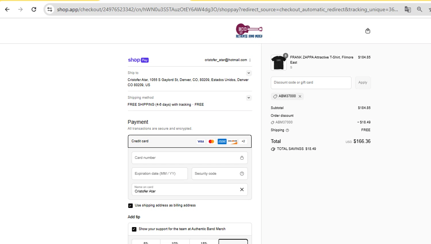 Authentic Band Merch discount code screenshot showing code ABM37000 applied at Authentic Band Merch checkout page. Uploaded by SimplyCodes community member FundoSinai on Jul 22, 2025