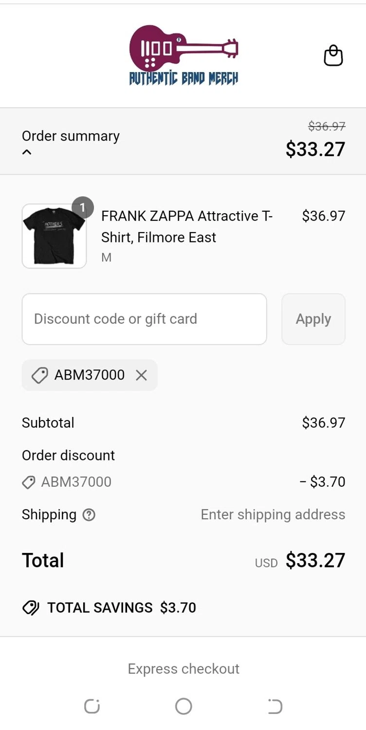 Authentic Band Merch discount code screenshot showing code ABM37000 applied at Authentic Band Merch checkout page. Uploaded by SimplyCodes community member aguirremariagabriela on May 1, 2025