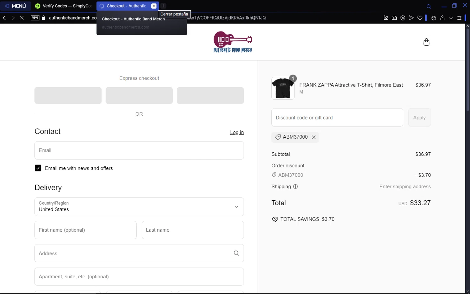 Authentic Band Merch discount code screenshot showing code ABM37000 applied at Authentic Band Merch checkout page. Uploaded by SimplyCodes community member batmann_28 on Mar 11, 2025