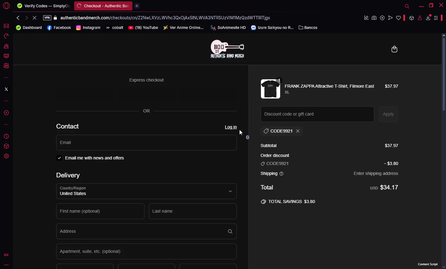 Authentic Band Merch discount code screenshot showing code CODE9921 applied at Authentic Band Merch checkout page. Uploaded by SimplyCodes community member Ema007 on Apr 24, 2025