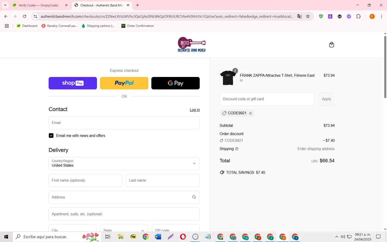 Authentic Band Merch discount code screenshot showing code CODE9921 applied at Authentic Band Merch checkout page. Uploaded by SimplyCodes community member RewardFalcon3197 on Apr 24, 2025