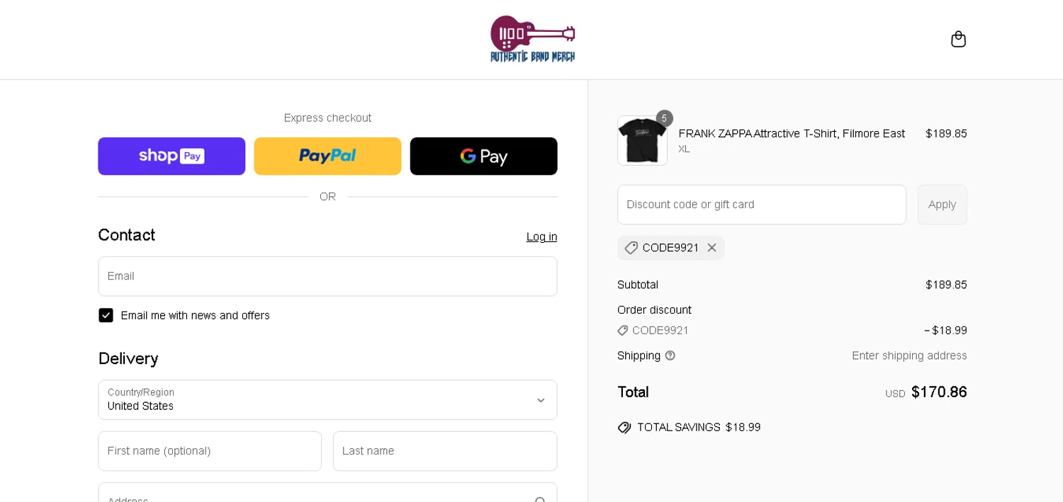 Authentic Band Merch discount code screenshot showing code CODE9921 applied at Authentic Band Merch checkout page. Uploaded by SimplyCodes community member xHRxUltrax on Apr 24, 2025
