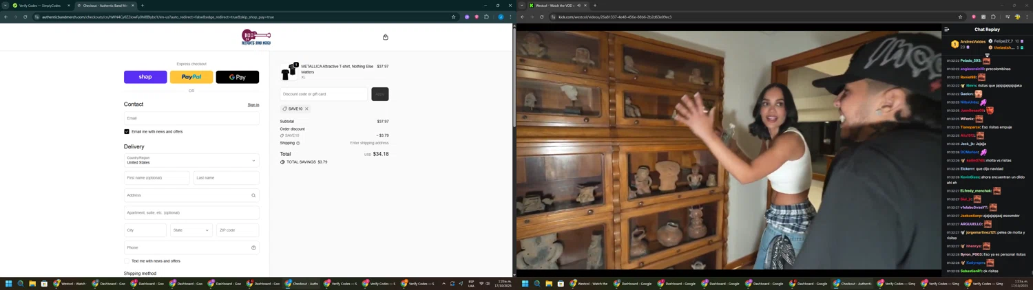 Authentic Band Merch discount code screenshot showing code SAVE10 applied at Authentic Band Merch checkout page. Uploaded by SimplyCodes community member BargainGuardian280 on Oct 17, 2025