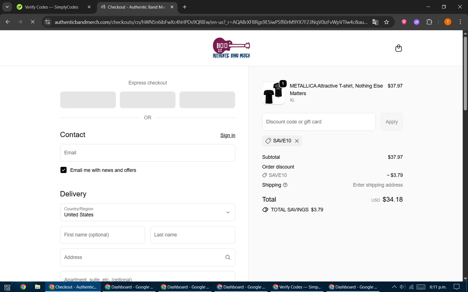 Authentic Band Merch discount code screenshot showing code SAVE10 applied at Authentic Band Merch checkout page. Uploaded by SimplyCodes community member EpicHero3141 on Nov 27, 2025