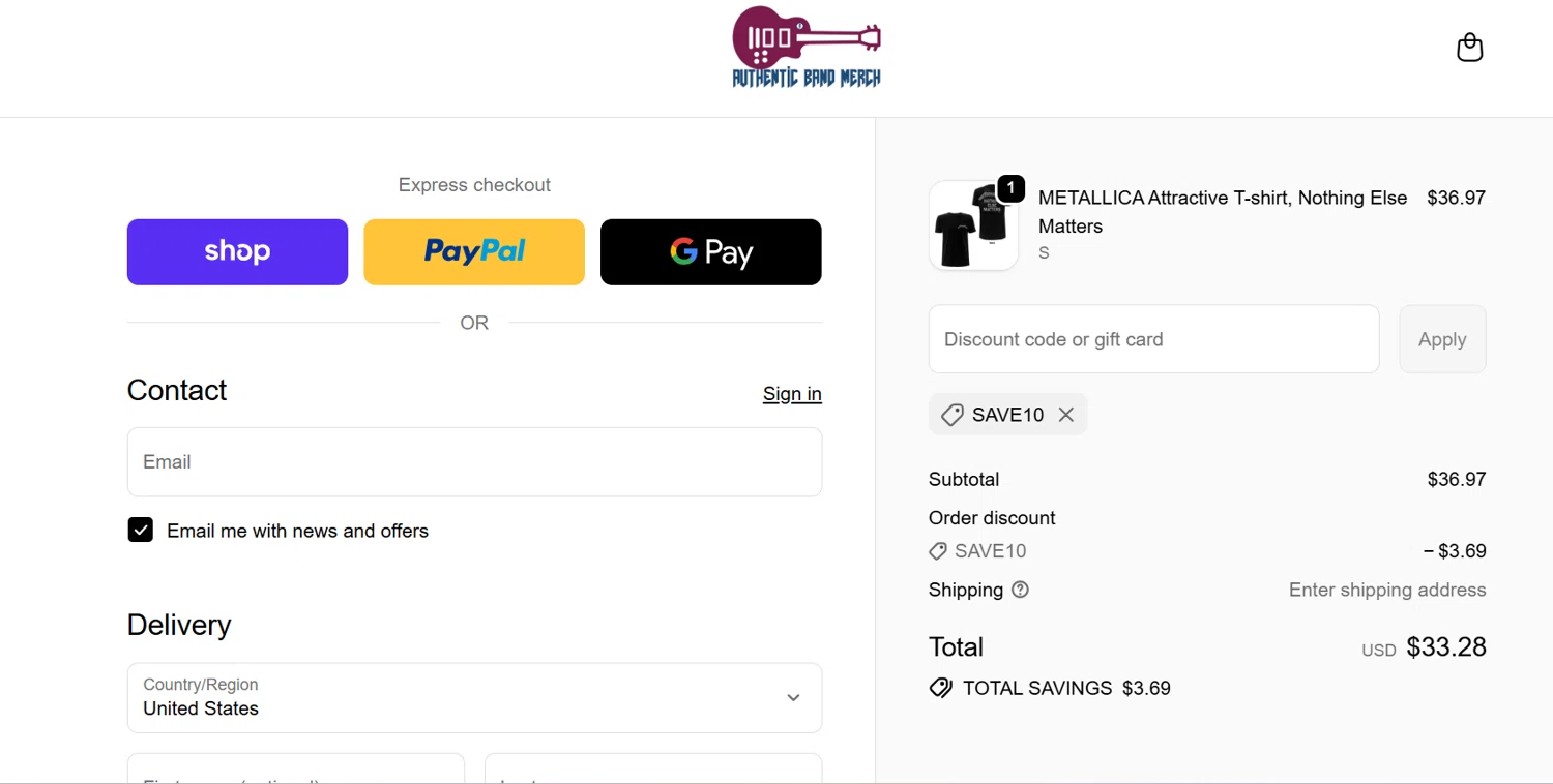 Authentic Band Merch discount code screenshot showing code SAVE10 applied at Authentic Band Merch checkout page. Uploaded by SimplyCodes community member Frafid on Nov 12, 2025