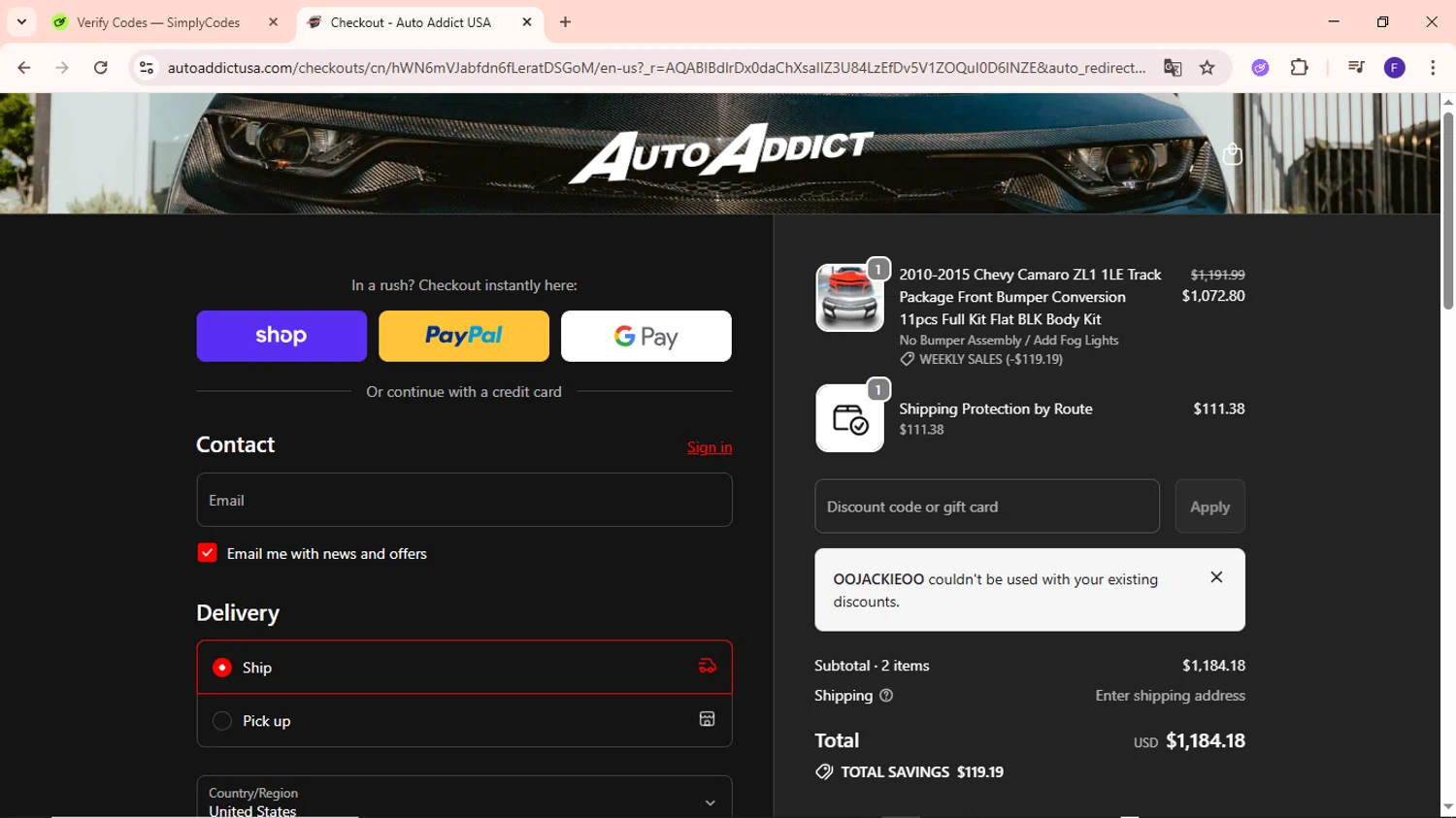 Auto Addict USA promo code screenshot showing code OOJACKIEOO applied at Auto Addict USA checkout page. Uploaded by SimplyCodes community member MightyCaptain635 on Dec 24, 2025