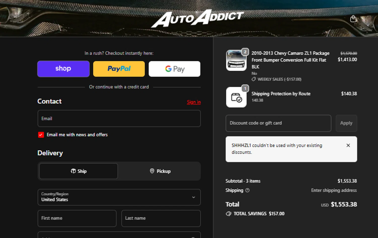 Auto Addict USA promo code screenshot showing code SHHHZL1 applied at Auto Addict USA checkout page. Uploaded by SimplyCodes community member NEWYORK on May 17, 2026