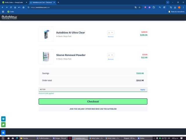 Autoblow checkout page showing Autoblow promo code box | Screenshot taken by SimplyCodes community member on Aug 15, 2025