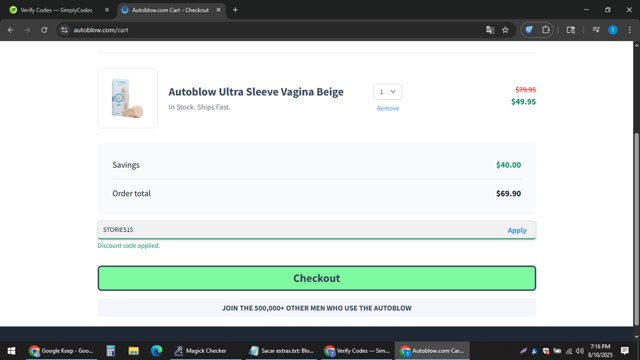 Autoblow checkout page showing Autoblow promo code box | Screenshot taken by SimplyCodes community member on Aug 10, 2025