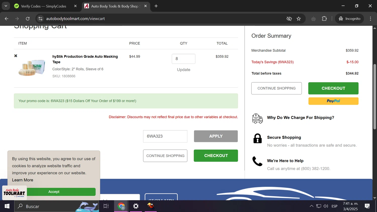 Auto Body Toolmart promo code screenshot showing code 6WA323 applied at Auto Body Toolmart checkout page. Uploaded by SimplyCodes community member Anderson on Apr 3, 2025