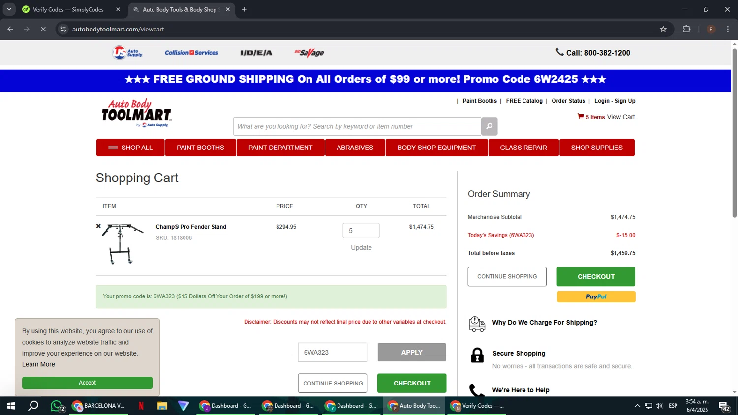 Auto Body Toolmart promo code screenshot showing code 6WA323 applied at Auto Body Toolmart checkout page. Uploaded by SimplyCodes community member ExtraordinaryHunter3076 on Apr 6, 2025