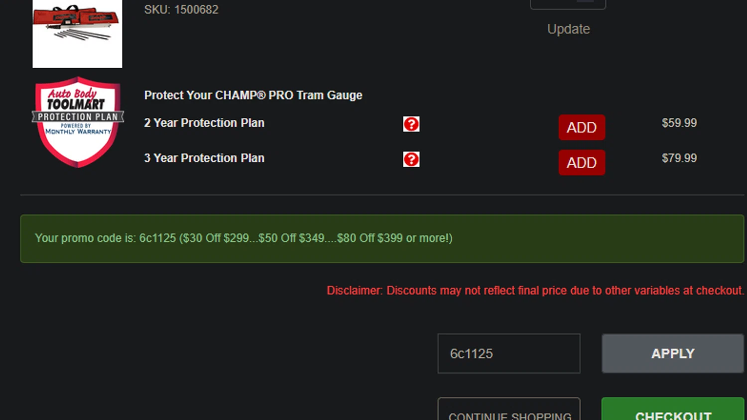 Auto Body Toolmart checkout page showing Auto Body Toolmart promo code box | Screenshot taken by SimplyCodes community member on Nov 19, 2025
