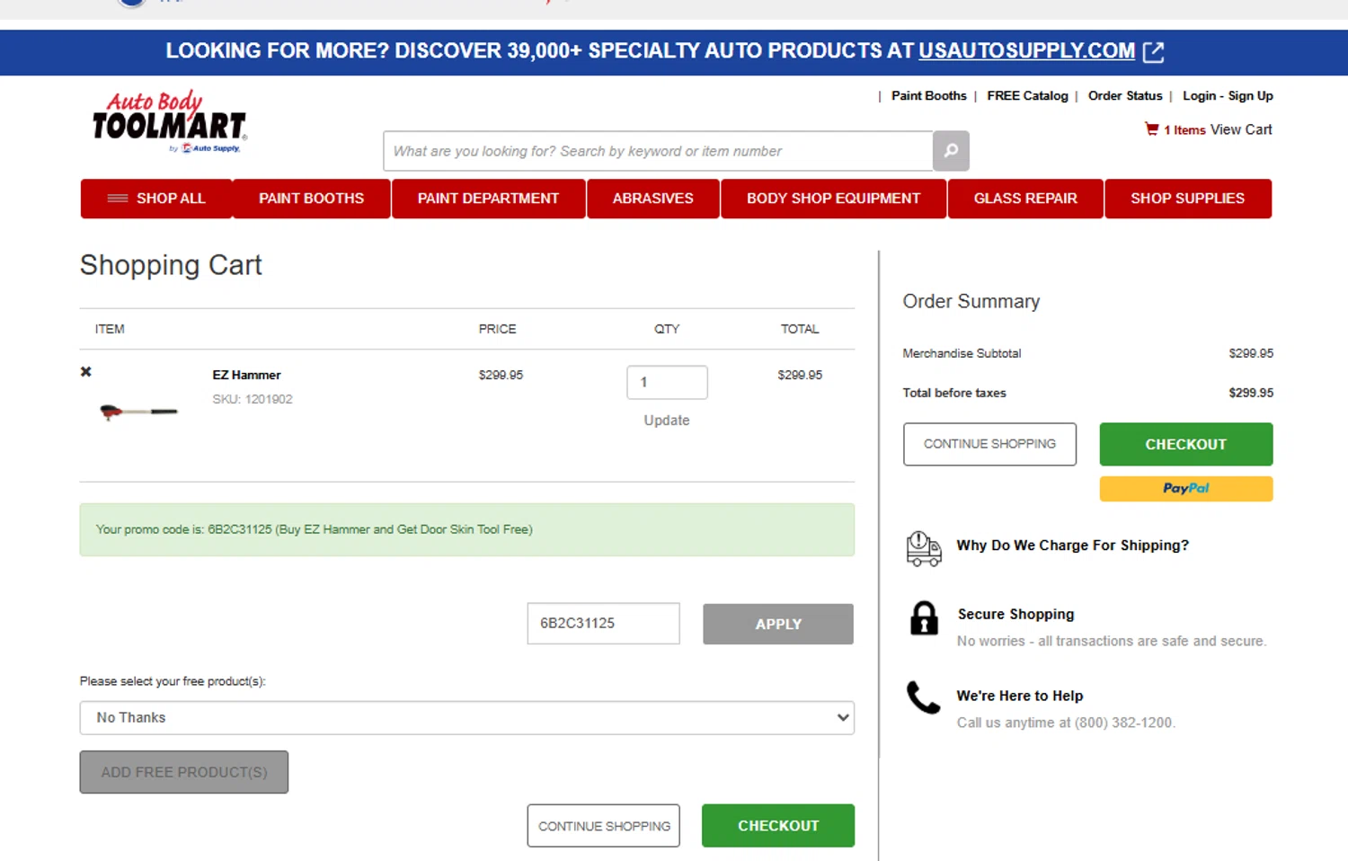 Auto Body Toolmart checkout page showing Auto Body Toolmart promo code box | Screenshot taken by SimplyCodes community member on Nov 19, 2025