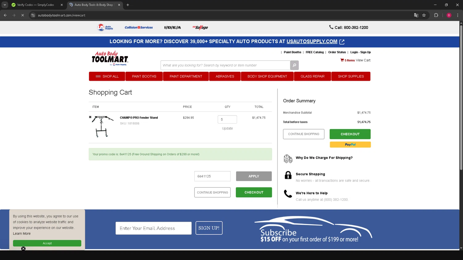 Auto Body Toolmart checkout page showing Auto Body Toolmart promo code box | Screenshot taken by SimplyCodes community member on Nov 27, 2025