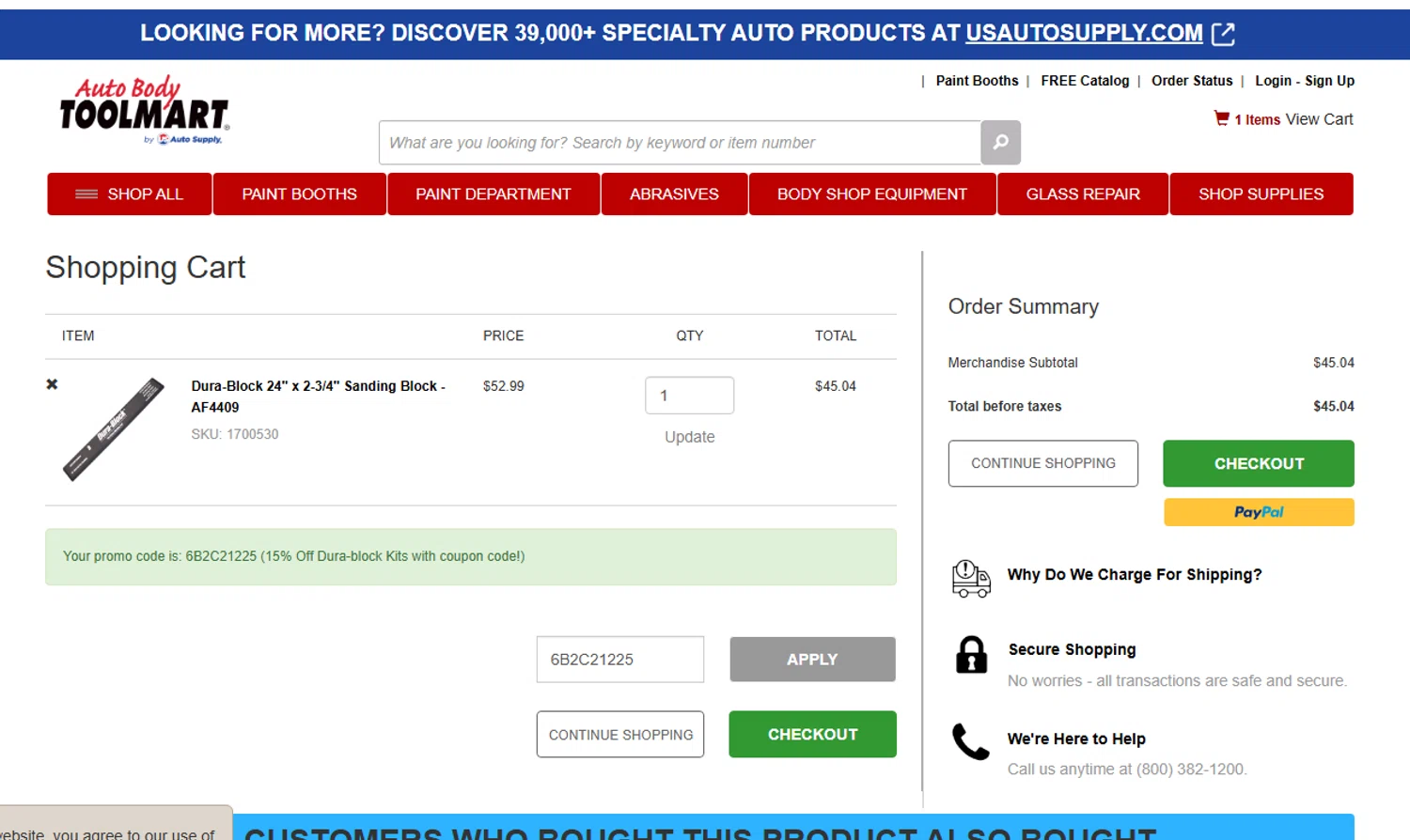 Auto Body Toolmart checkout page showing Auto Body Toolmart promo code box | Screenshot taken by SimplyCodes community member on Dec 10, 2025