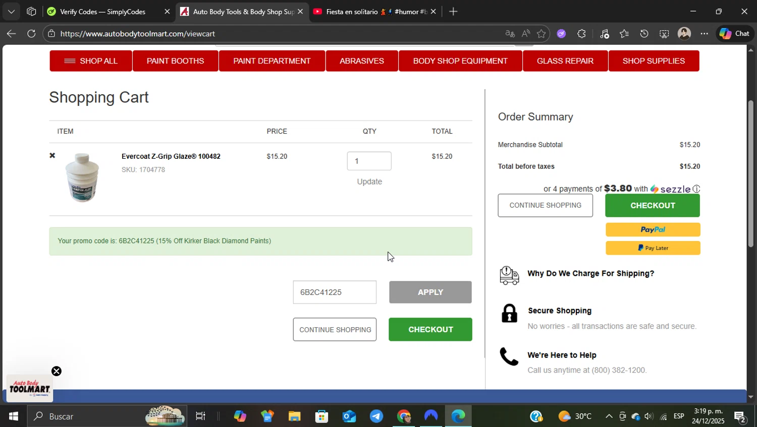 Auto Body Toolmart promo code screenshot showing code 6B2C41225 applied at Auto Body Toolmart checkout page. Uploaded by SimplyCodes community member WonderKnight7884 on Dec 24, 2025