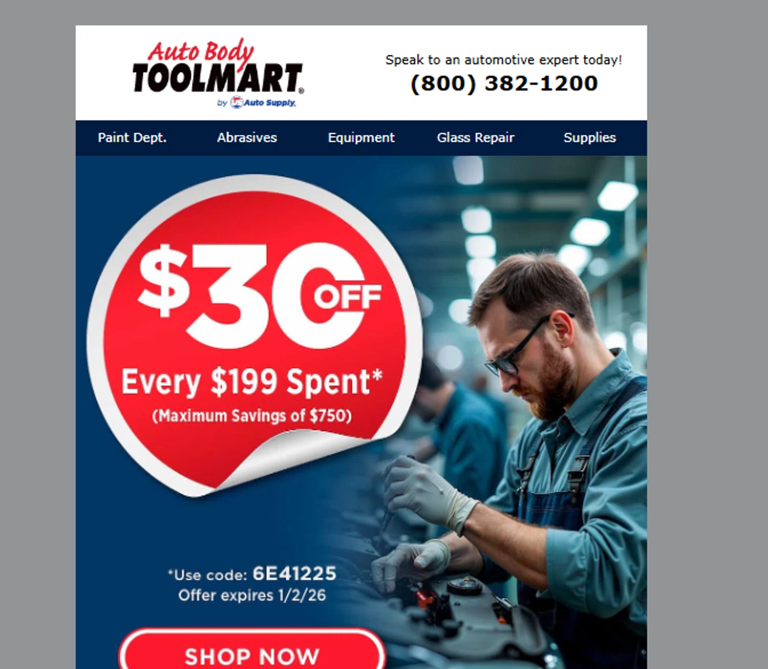 Auto Body Toolmart promo code screenshot showing code 6E41225 applied at Auto Body Toolmart checkout page. Uploaded by SimplyCodes community member juanjose on Dec 23, 2025