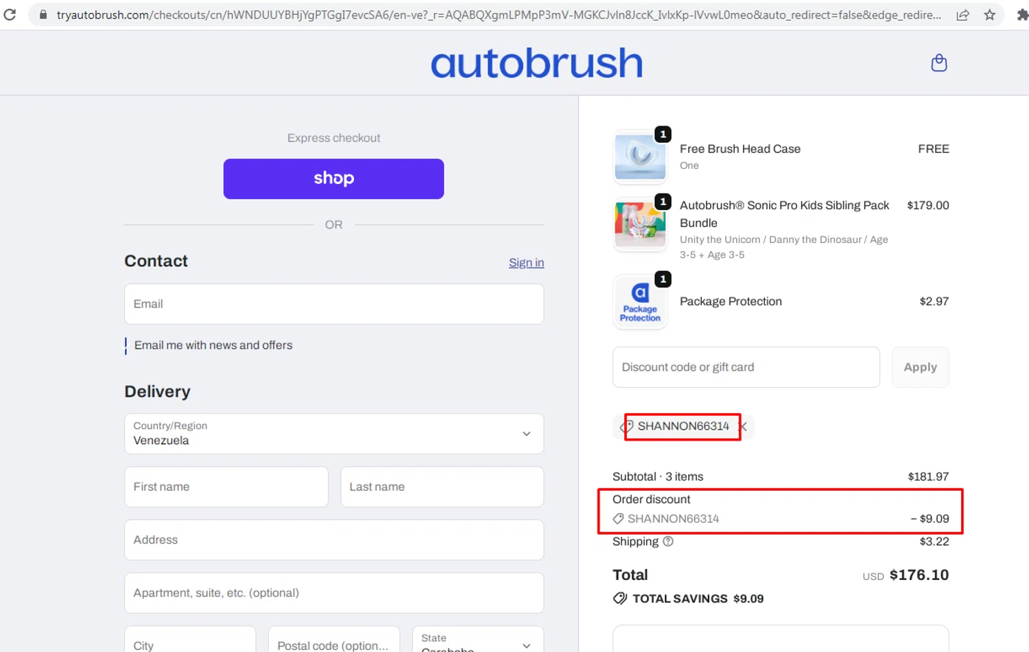 AutoBrush promo code screenshot showing code SHANNON66314 applied at AutoBrush checkout page. Uploaded by SimplyCodes community member nileskamarcano on Jun 18, 2026