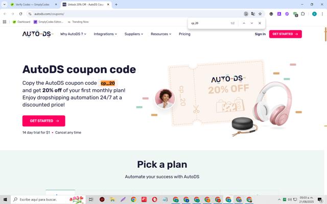 AutoDS checkout page showing AutoDS coupon code box | Screenshot taken by SimplyCodes community member on Aug 21, 2025