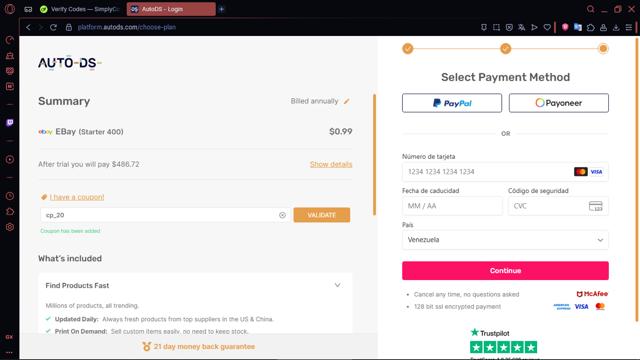 AutoDS checkout page showing AutoDS coupon code box | Screenshot taken by SimplyCodes community member on Aug 4, 2025