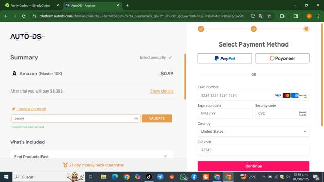 AutoDS checkout page showing AutoDS coupon code box | Screenshot taken by SimplyCodes community member on Aug 4, 2025