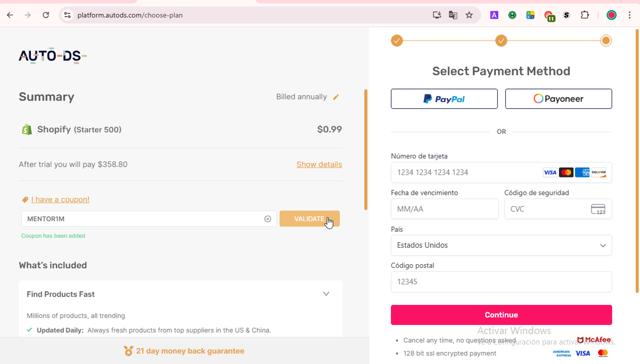 AutoDS checkout page showing AutoDS coupon code box | Screenshot taken by SimplyCodes community member on Aug 7, 2025