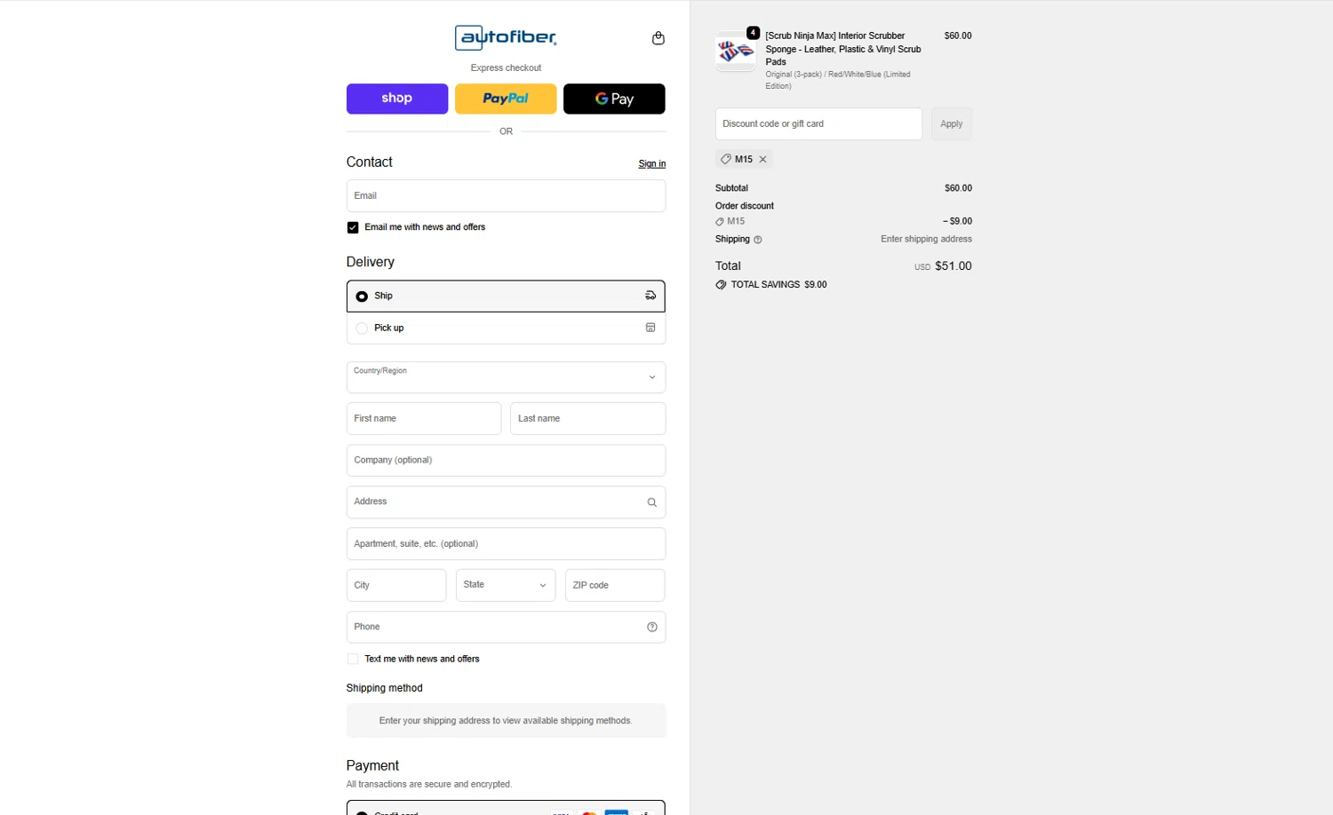 Autofiber promo code screenshot showing code M15 applied at Autofiber checkout page. Uploaded by SimplyCodes community member reggiesmith on Feb 20, 2026