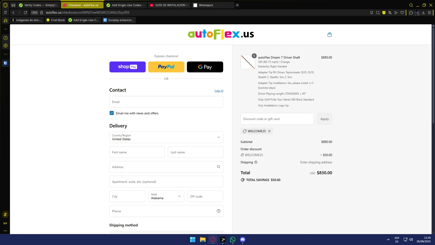 autoFlex.us promo code screenshot showing code WELCOME25 applied at autoFlex.us checkout page. Uploaded by SimplyCodes community member JohnSimply on Aug 26, 2025